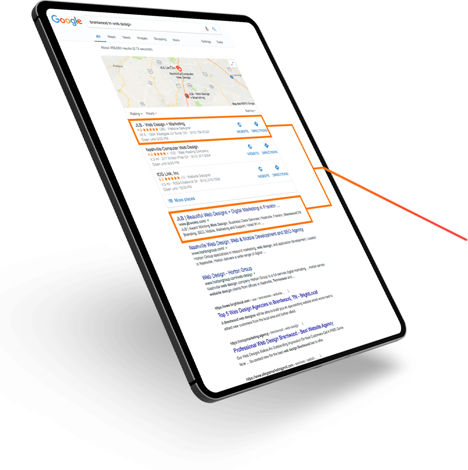 ipad showing local seo results thanks to an seo strategy developed by a digital marketing company in nashville